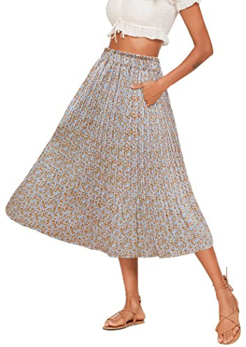 Hotouch Rock Damen Chiffon Elastische Taille Sommerrock Elegante Midirock Sommer Plisseerock Strandrock mit Taschen Gelb Blume M