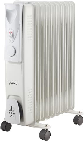 YOEVU | Radiador de aceite | 2000W, blanco, 9 elementos | Termostato regulable, 3 niveles de potencia, ruedas EasyGo, sistema de seguridad | Calefacción eficiente y bajo consumo