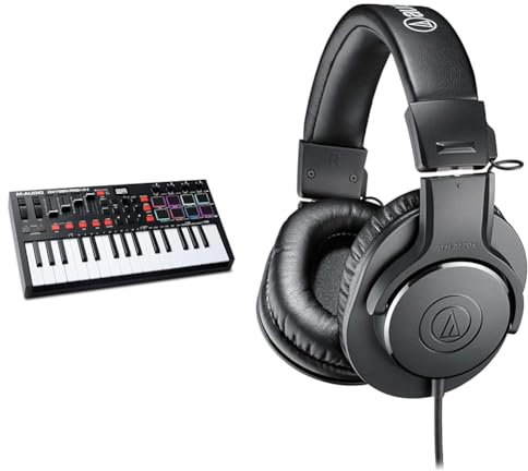 M-Audio Oxygen Pro Mini – 32 Key USB MIDI Keyboard Controller With Beat Pads & Audio-Technica M20x Professional Monitor Headphones Black