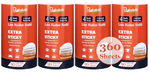 4 inch Lint Roller Refills Only for Scotch-Brite Lint Roller, Everyday Clean Lint Roller Refills Pack of 4, Extra Sticky 90 Sheets per Refill, Total 360 Sheets (Inside Dia. 1-3/4 inch)