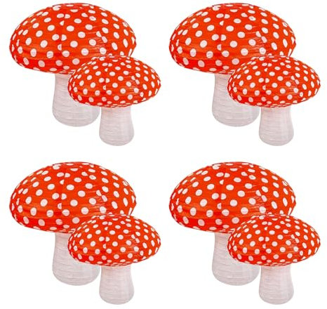 SWTHM 8PCS Mushroom Shaped Paper Lantern, Foldable Hanging Lanterns, Red, White, LED, Not Water Resistant