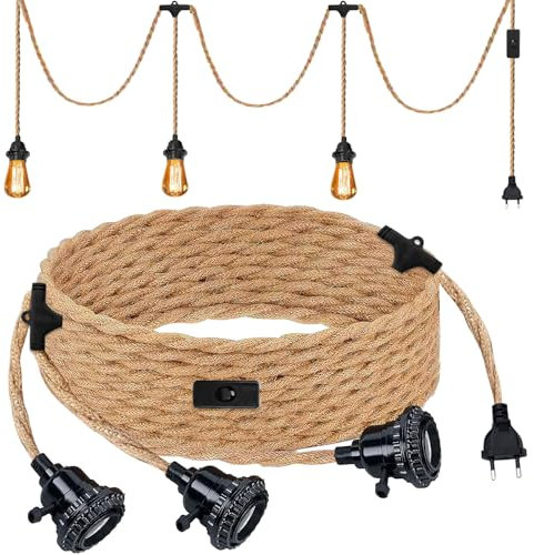Hanfseil Pendellampe Kit 6.8 M, E27 Vintage Lampenkabel Hängende Leuchte, 3 Flammig Hängeleuchte, E27 Lampenfassung Pendelleuchte Pendelleuchte Kit Diy Einzelkopf Hängeleuchte Kabel Seil Vintage