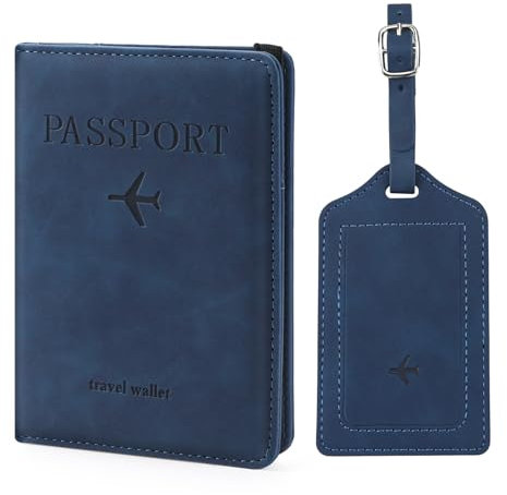ILIYAH Reisepasshülle Gepäckanhänger-Set - Familien-Reisebrieftasche, RFID-Reisepasshülle aus Leder Deutsch, Gepäckanhänger für Koffer, Europa-Reiseanhänger (Marineblau Kombination)