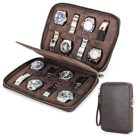 CONTACTS Herren-Armbanduhr, echtes Leder, mit Reißverschluss, schmale Box, minimalistische Vintage-Uhr, Handtasche, Clutch mit Befestigungsriemen (Kaffeebraun - 8 Fächer)