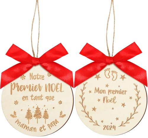 BOFUNX 2pcs Ornement Suspendu Ronde Mon Premier Noël Bébé Français Ornement Suspendu Pendentif avec Noeud Papillon Ficelle Graver Simple Face Décoration de Sapin de Noël en Bois