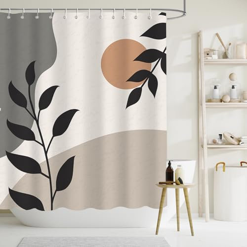 APROPHIC Duschvorhang Boho 180x180, Moderne Abstrakt Kunst Duschvorhänge, Sonne Mond Blätter Beige Bad Waschbar Bad Vorhang Polyester Textil Wasserdicht Duschvorhang Badewanne mit 12 Haken