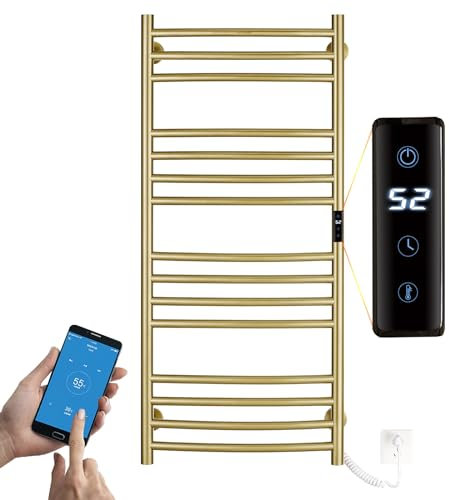 ESOP Sèche-Serviette Électrique Or Brossé 185 W Chauffe-Serviettes 110×60 cm WiFi Intelligent Porte-Serviettes Chauffant Électrique 15 Barres Courbes Commande Tactile à LED Radiateur de Salle de Bain