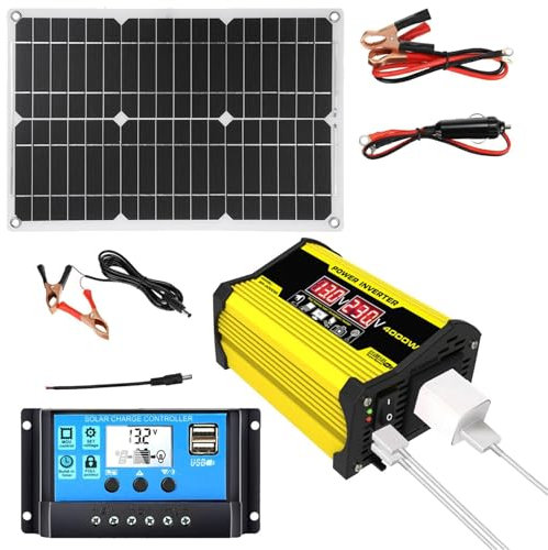 Sistema Solar Completo - Panel 18W 12V Inversor 300W Cargador | Convertidor DC 12V AC 110V/220V Controlador 30A, Cargador Solar, 2 Puertos USB, Pantalla Amarilla