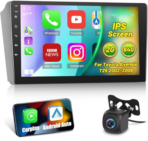 [2+64GB] Android Autoradio für Toyota Avensis T25 2002-2008, 9 Zoll Touchscreen Autoradio mit wirelss CarPlay & Android Auto, WiFi, GPS, FM RDS Radio, Rückfahrkamera