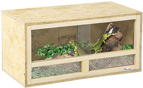 PawHut Terrario de Madera para Reptiles, Casa para Reptiles con Puertas Corredizas de Cristal y Paneles de Malla, Casa Multiusos para Reptiles, 60x29.5x29.5 cm, para Lagartos, Camaleones, Serpientes