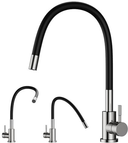 LANMOU Wasserhahn Küche Schwarz, Flexibler Schwanenhals, Edelstahl | Spültischarmatur mit 360° Hoher Auslauf für Spüle und große Töpfe, Mischbatterie Küche, 1/2 Zoll Anschlüsse, Warm Kaltwasser