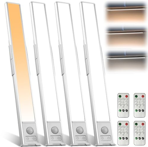 4 Stück Schrankbeleuchtung LED mit Bewegungsmelder, 20cm Kabellos Unterschrank Lichtleiste mit USB Aufladbar Akku, Fernbedienung Schranklicht Dimmbar, Unterbauleuchte für Küche und Kleiderschrank