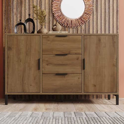 Merax Sideboard aus Dunkler Eiche mit Metallrahmen – Kommode mit 3 Schubladen, Höhenverstellbaren Fächern und Industriellem Design für Wohnzimmer, Küche und Flur