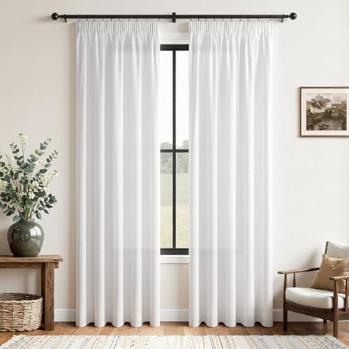 CUTEWIND Gardinen mit Kräuselband Weiß 200x140cm (HxB) Leinenoptik Kurz Fenster Wohnzimmer, Vorhang Leinen Halbtransparent 2er Set, Vorhänge Weiß Schlafzimmer Küche und Kinderzimmer