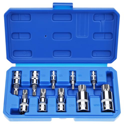 QWORK® Coffret de 10 Jeu de douille XZN, entraînements 1/2, 1/4 et 3/8, douilles à cannelures internes M4 à M18, chromées haute brillance
