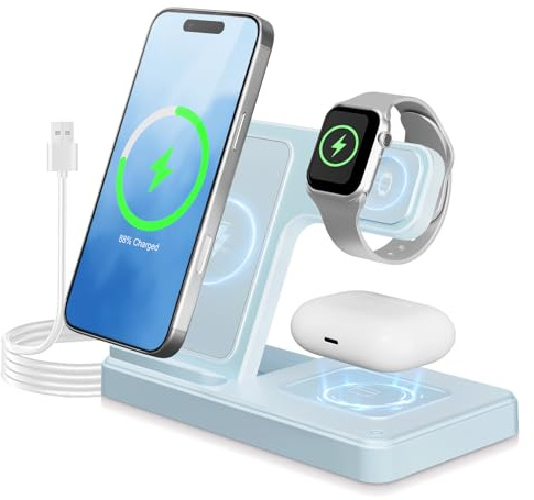 3 in 1 Wireless Charging Station for iPhone, Wireless Charger Stand(Blue) | Phone and Watch Charger for iPhone for Apple Watch, for Airpods Pro 4 3 2, for iPhone 17/16/15/14/13/12(No Plug Included)