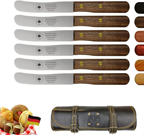 Solingen Messer 6er Set ohne Wellenschliff inkl. hochwertiger Ledertasche, edler Holzgriff, Premium Buckelmesser, Frühstücksmesser, Brötchenmesser, rostfreie Klinge, extra scharfes Küchenmesser