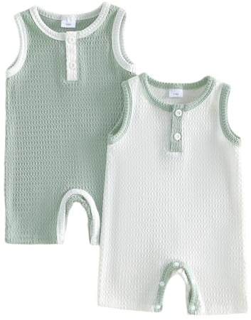JCOPLY Infant Baby Boy Romper Pack of 2 Set Summer Newborn Overalls Bodysuits Button Up Crew Neck Sleeveless Playsuits Baby Short Jumpsuits for Boys
