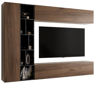 Mirjan24 Wohnwand Kodita, Anbauwand, Fernsehschrank, Schrankwand, Mediawand, Wandregal, Schrank, TV-Lowboard (Nuss Warmia/Marmor Schwarz)