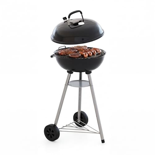 Charcoal BBQ Grill,75 cm Cooking Height, 47cm Kettle Barbecue with Thermometer & 2 Adjustable Air Vent, Porcelain-Enamelled, Ash Catcher, Wheels & Storage Rack, Outdoor Garden Camping Balcony,Black