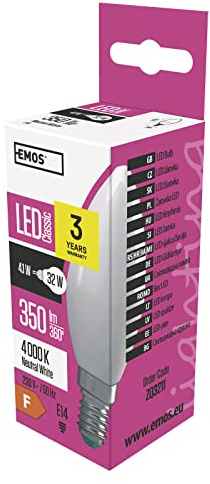 EMOS LED Lampe Candle, 4,1 W Ersatz für 32 W Glühbirne, E14 Sockel, Helligkeit 350 Lumen, Neutralweiß 4000 Kelvin, 30000 Stunden Lebensdauer, CRI min. 80, 210° Abstrahlwinkel