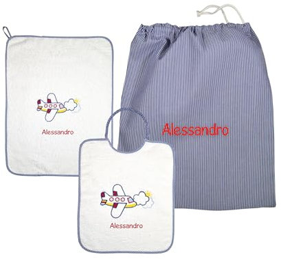 Coccole - Set Asilo Nido Personalizzato - Set Asilo Personalizzato con Nome Bavaglino, Sacca e Asciugamano - Set Asilo Personalizzato 3pz Bimbo/Bimba - Aereo Blu