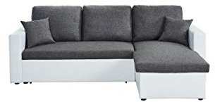 BAÏTA Canapé d'angle Aspen Convertible 4 Places avec Angle réversible et Coffre de Rangement en PU et Tissu Blanc et Gris