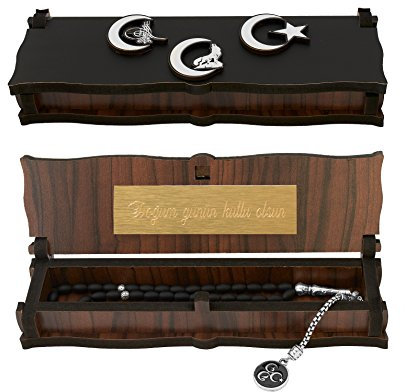 Gök-Türk Box Schatulle MIT GRAVUR aus Holz Handgemacht & Tesbih Gebetskette '3 Hilal' Tugra Wolf Bozkurt, ColorName:mit Gravur
