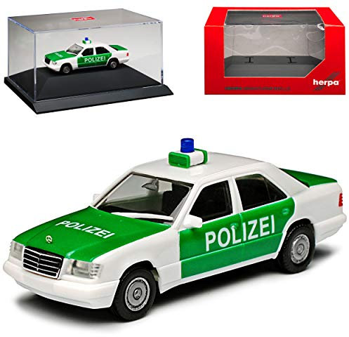 Mercedes-B E-Klasse W124 Limousine Polizei 1984-1997 mit Sockel und Vitrine H0 1/87 Herpa Modell Auto mit individiuellem Wunschkennzeichen