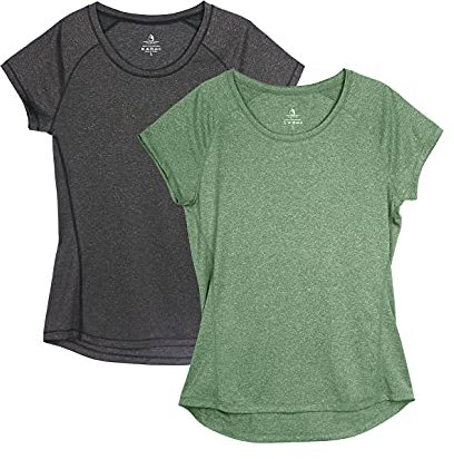 icyzone Damen Fitness Sport T-Shirt Kurzarm Laufshirt Gym Training Funktion Shirt, 2er-Pack (S, Schwarz/Grün)