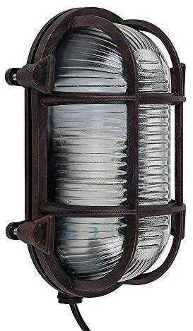 MiniSun | Modern IP64 Rated Oval Rust Effect Nautical Design Frosted Lens Cross-Cased Metal Outdoor Wall Light Complete with a 10w LED GLS Bulb | Mains Wired