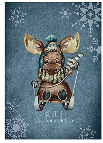 ilka parey wandtattoo-welt A6 Weihnachtskarte Weihnachtsgrüße Postkarte Print Elch auf Schlitten Grußkarte Fröhliche Weihnachten pk257 - ausgewählte Größe: *1 Stück*