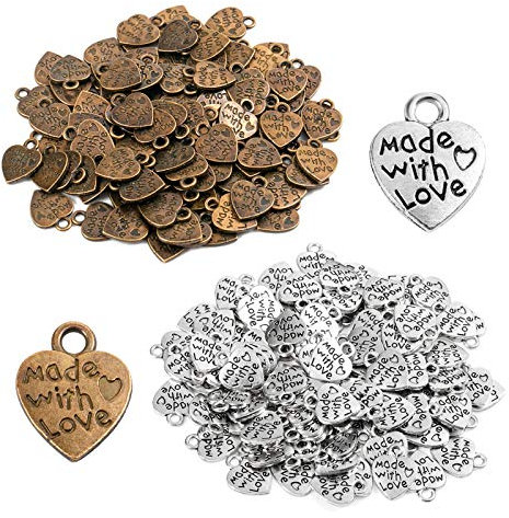 200 Stück Antique Herz Charm Made with Love Charm Anhänger Handmade knöpfe Metall Label Hand Made DIY Handwerk Schmuck Herstellung Zubehör Basteln Dekorationen Silber + Kupfer Color