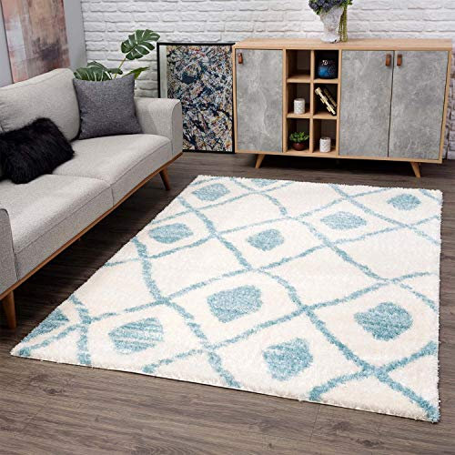 carpet city Teppich Shaggy Hochflor - Ethno-Stil 140x200 cm Blau Creme - Moderne Wohnzimmer-Teppiche