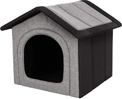 PillowPrim Hundehütte Hundehöhle Hundebett Hundehaus Katzenhöhle mittle M - 44x38 cm hellgrau mit schwarz