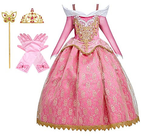 HIHCBF Costumi di Carnevale Vestito da Principessa Aurora Ragazze Dormire il costume di bellezza per Compleanno Natale Festa Halloween Cosplay Cerimonia con Accessori 5-6 anni