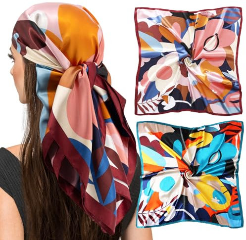 vimate Sein-Halstuch für Damen-2 Pack 35'' Square Satin Haar Kopftuch Bandana für Schlafen in r Nacht für Balck Damen(2 Pack-G)