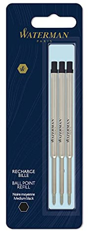 Recharge pour stylo bille Waterman, pointe moyenne avec encre noire, lot de 3