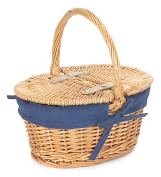Red Hamper EH108N Wicker Child's Oval Lined Lidded Empty Picnic Hamper with Navy Blue Lining