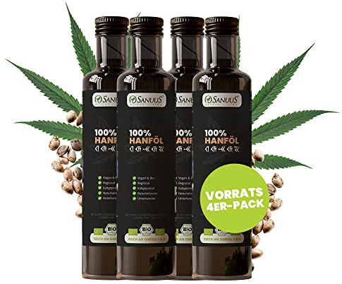 SANUUS Bio Hanföl kaltgepresst 4x500ml (4er Pack) - Aus gerösteten Hanfsamen ungeschält Bio - Premium Hanföl Bio aus Deutschland zum Braten und Kochen - Reich an Omega 3-6-9 Fettsäuren
