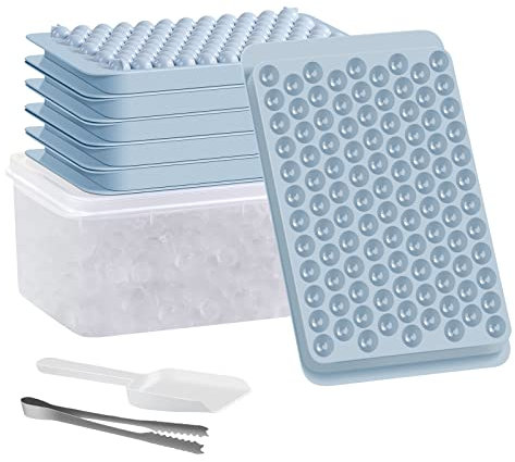 Mini bandejas para cubitos de hielo para congelador, paquete de 5 bandejas pequeñas para cubitos de hielo con tapa y contenedor, 104 x 5 piezas pequeñas bandejas de hielo trituradas, molde redondo