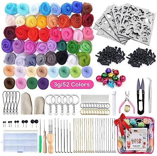 TAVADA Filzwolle Trockenfilzen Starterset,Nadelfilz Set mit 52 Farben,inkl.Filzwolle und 7 Schablonen - ideal für DIY Bastelprojekte und Handarbeiten. Kreative Möglichkeiten ohne Grenzen