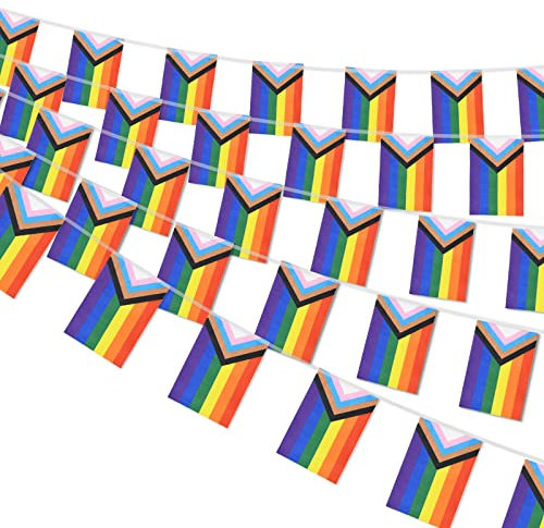 Progress Pride Wimpelkette mit 38 Wimpelflaggen – Rechteckige Gay LGBTQ Regenbogen Pride Banner Flagge, bunte Streifen Wimpelkette Banner für Pride Monat Dekorationen, Zuhause, Balkon, Bars usw