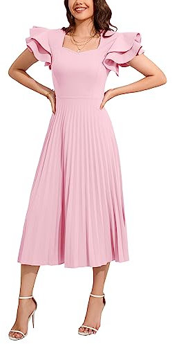 VERWIN Kurzarm Square Neck Damen Maxikleid Casual Rüschen Ärmel Ballkleid Plissee Dehnbares Kleid, Rosa, XL
