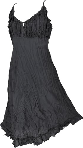 GURU SHOP Boho Sommerkleid, Luftiges Krinkelkleid, Midikleid, Strandkleid - Schwarz, Damen