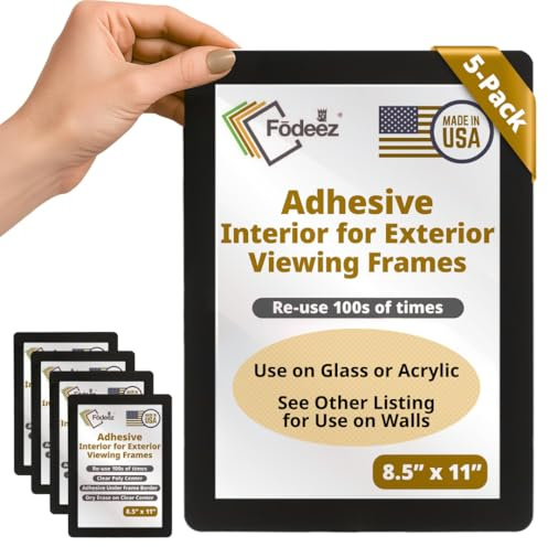 Fodeez Letter-Size 8.5 x 11 Adhesive Interior for Exterior Viewing Frames - Reusable Sticker Holder Display for Windows & Doors, Paper Holder, Dry Erase, Non Acylic & Non Magnetic - Black, Pack of 5