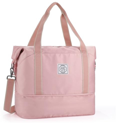WALNEW Reisetasche für Damen und Herren, faltbar, wasserdicht, mit Metallschnalle, abnehmbarer Schultergurt und Nassfach, rose, 35L