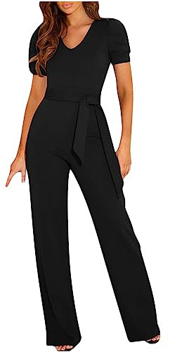 AMhomely Jumpsuit for Women UK Playsuits Formal Work Overalls Party Elegant Business Office Wear Short Sleeve V Neck Tie Waist Long Pants