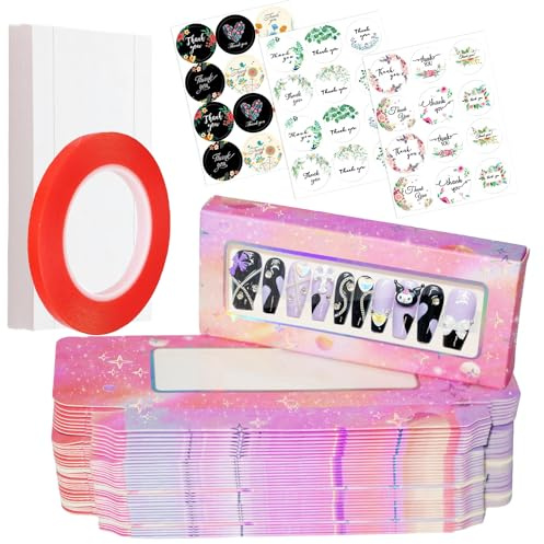 Yazabai 74PCS Press on Nails Packaging Box, Nail Boxes for Business Salon | 35PCS Empty Nail Package Box 35PCS White Background Paper 1 Double Sided Tape and 3 Stickers