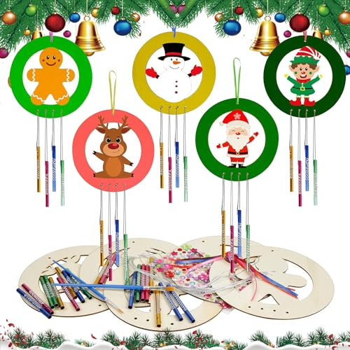 Weihnachten Windspiel Bastelset, 5 Stück Weihnachten Windspiel, Weihnachten Windspiel Kinder, DIY Windspiel Kinder, DIY Holz Windspiel, Holz Weihnachten Klangspiel, Geschenke für Mädchen und Junge